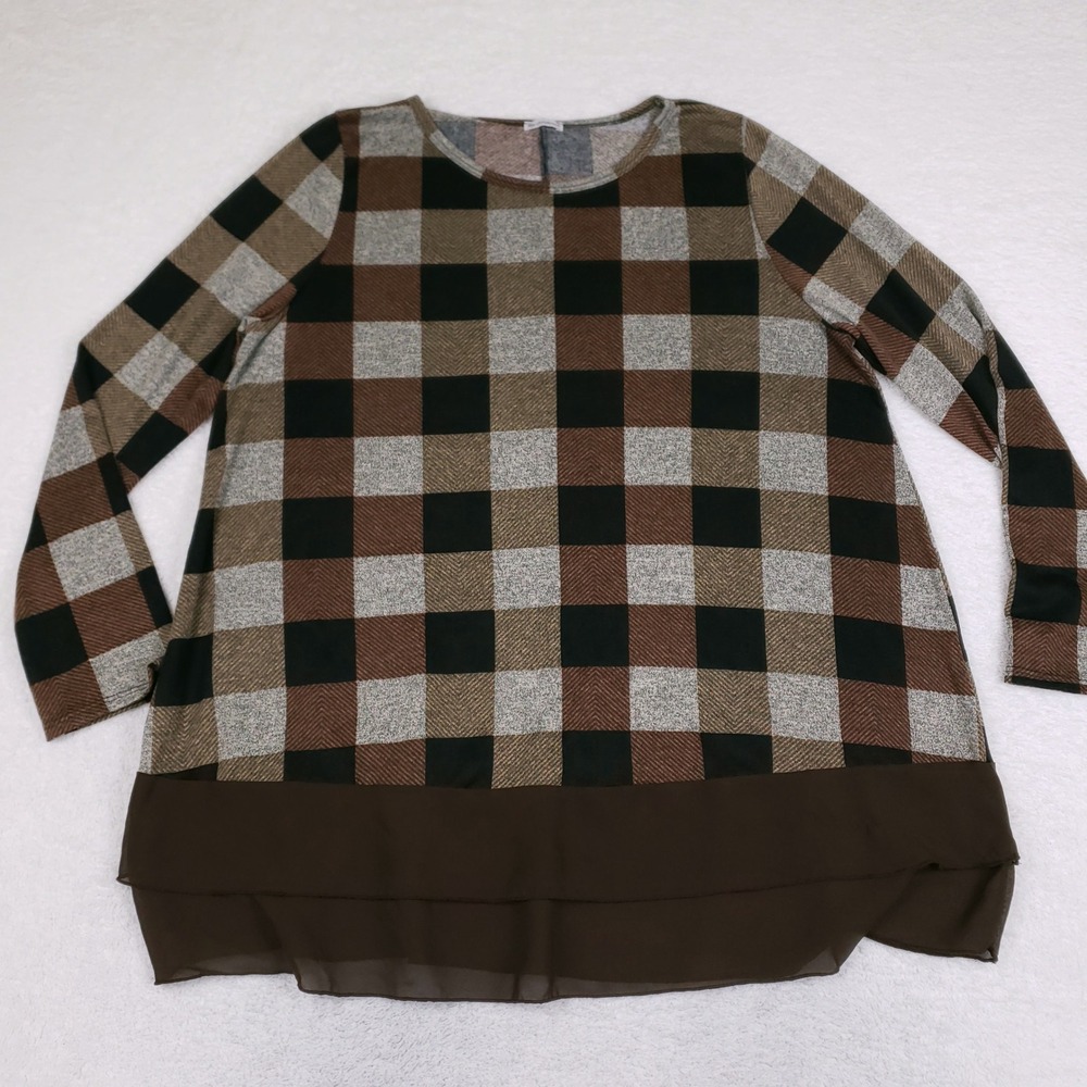 Egy California Brown Buffalo Plaid Chiffon Tiered Hem Tunic Top Large